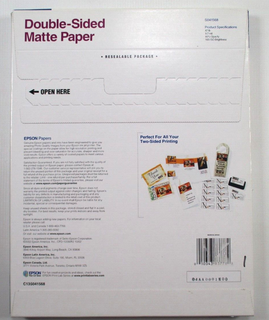 Epson Double Sided Matte Paper 8.5″ x 11″ 50 Sheets S041568 Sealed