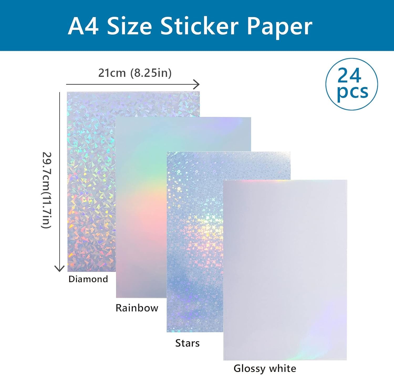 24 Sheets Vinyl Printable Sticker Paper A4 Size 8.25″ x 11.7″ Holographic Glossy