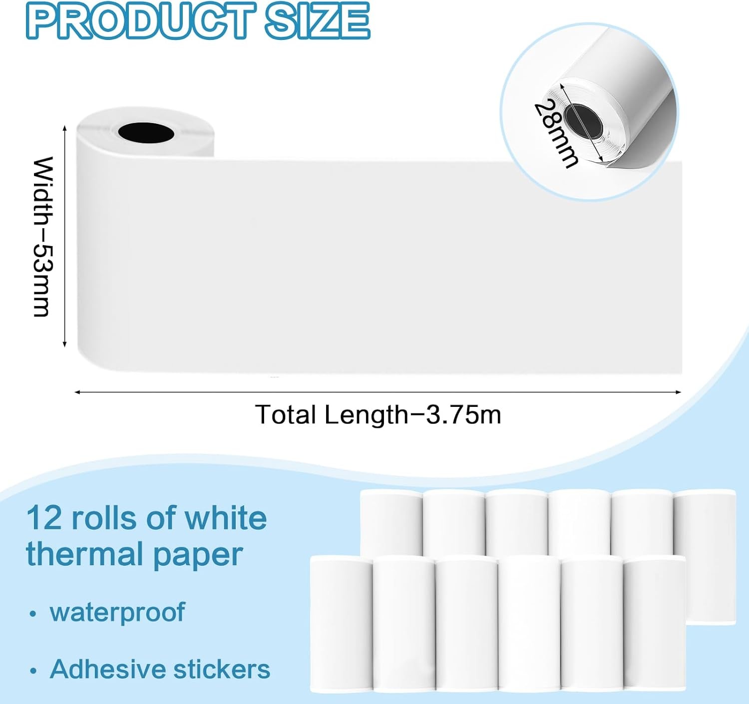 12 Rolls 53mmx3.75m White Thermal Printer Paper, Mini Self-adhesive