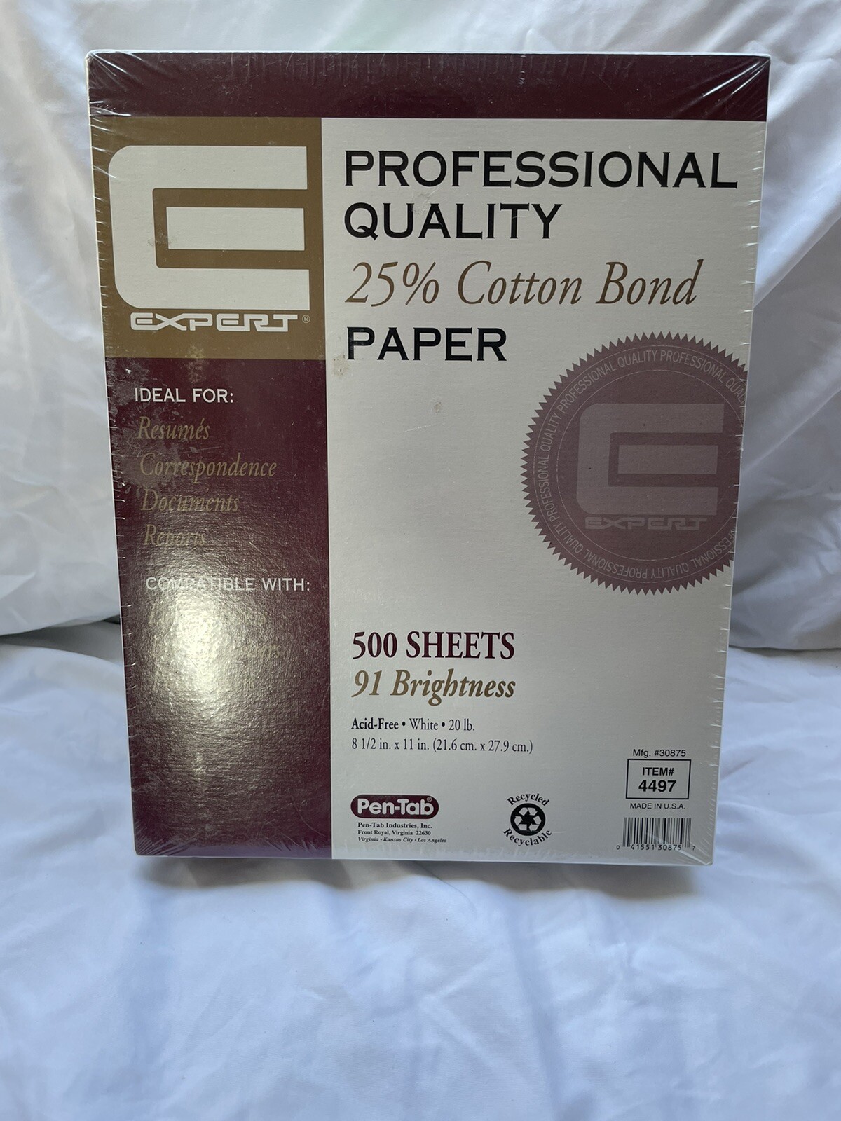 500 Sheets Expert 25% Cotton Bond White Paper 8.5” x 11” New