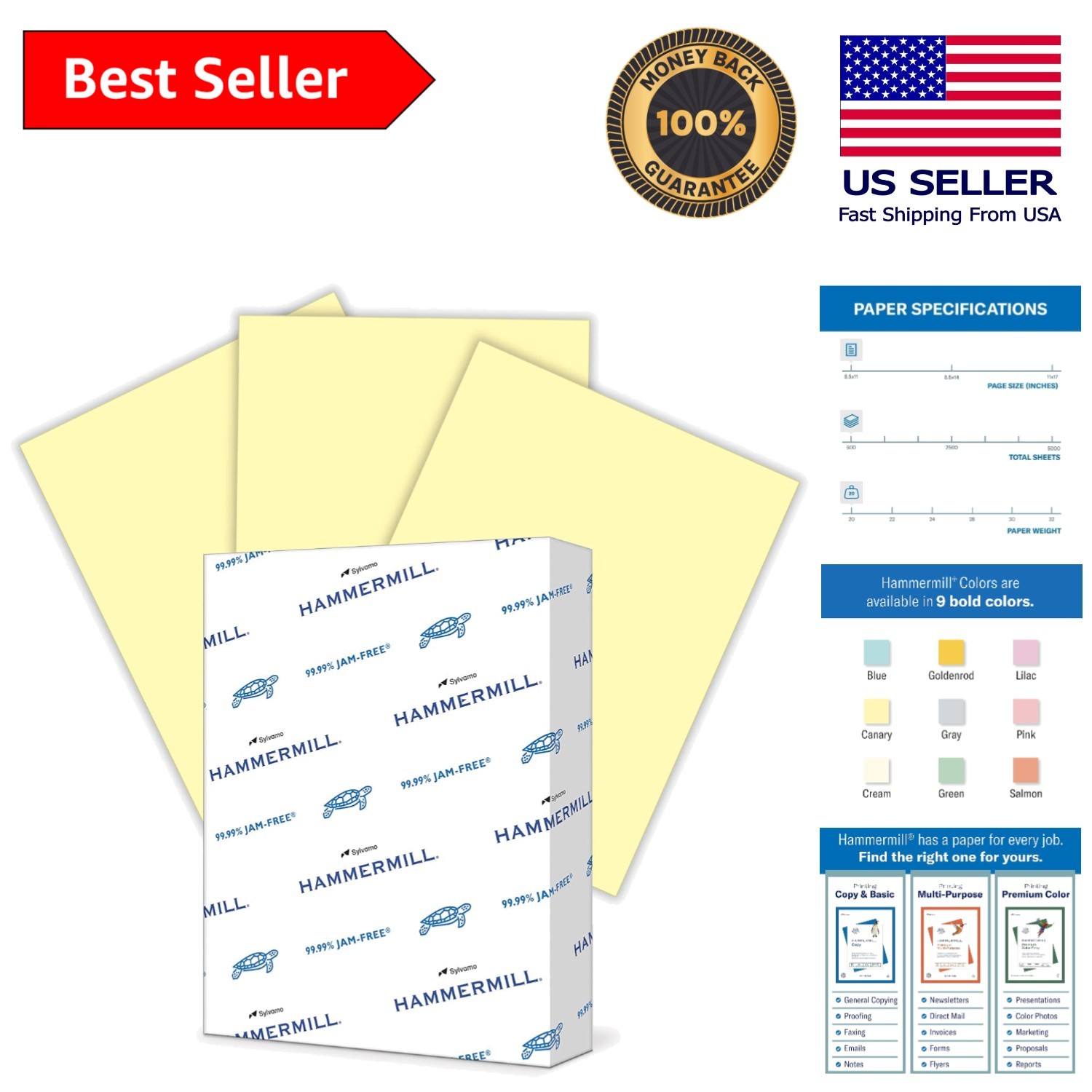 High-Quality 20 lb Canary Yellow Color Paper – 500 Sheet Ream for Home/Office