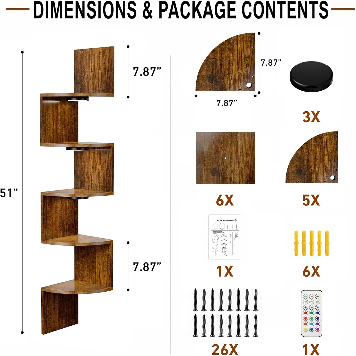 Corner Shelf Wall Mounted: 5-Tier Floating Shelves with Lights for Bedroom, Livi