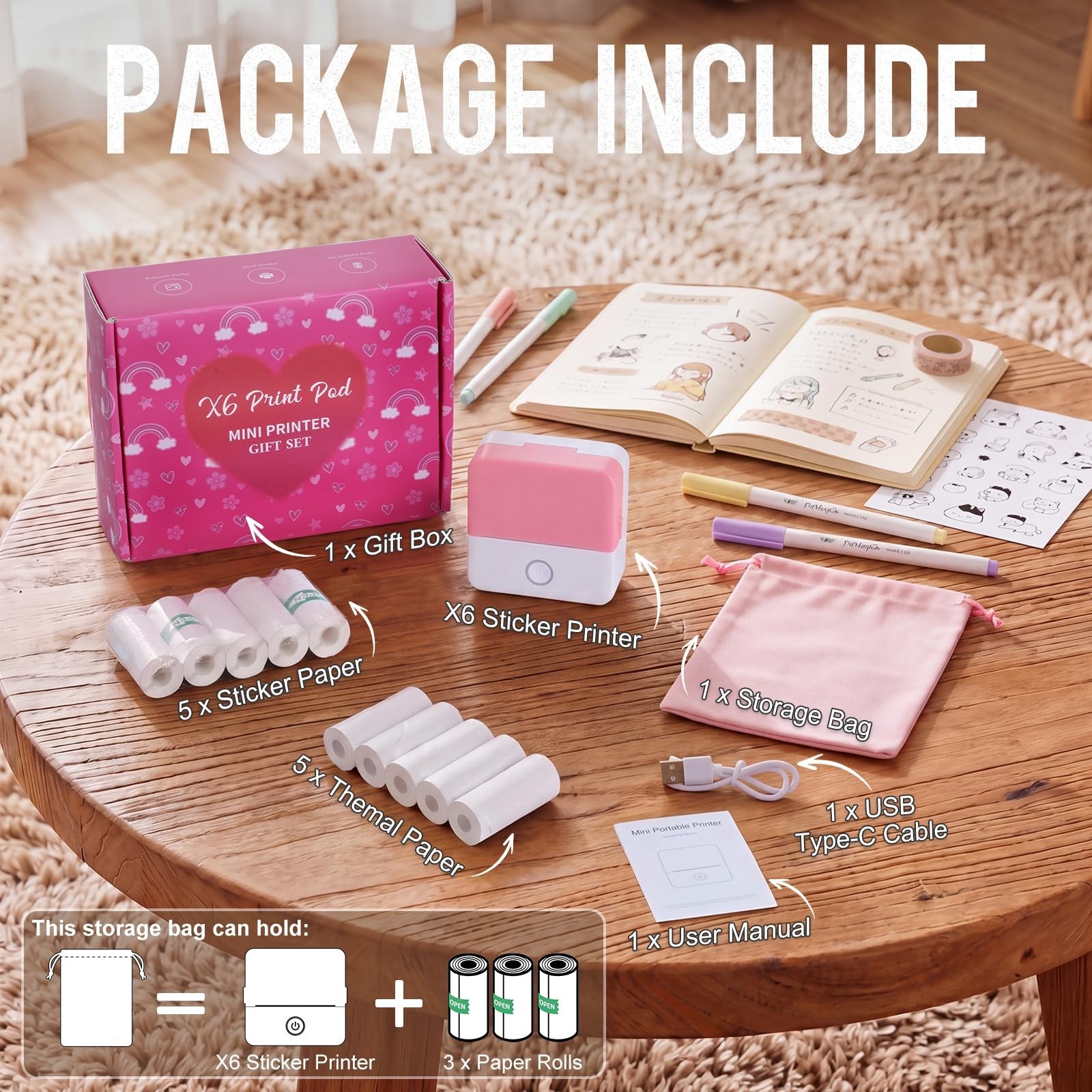 Mini Pocket Printer – Inkless Sticker Printer with 10 Thermal Rolls, DIY Gift Se