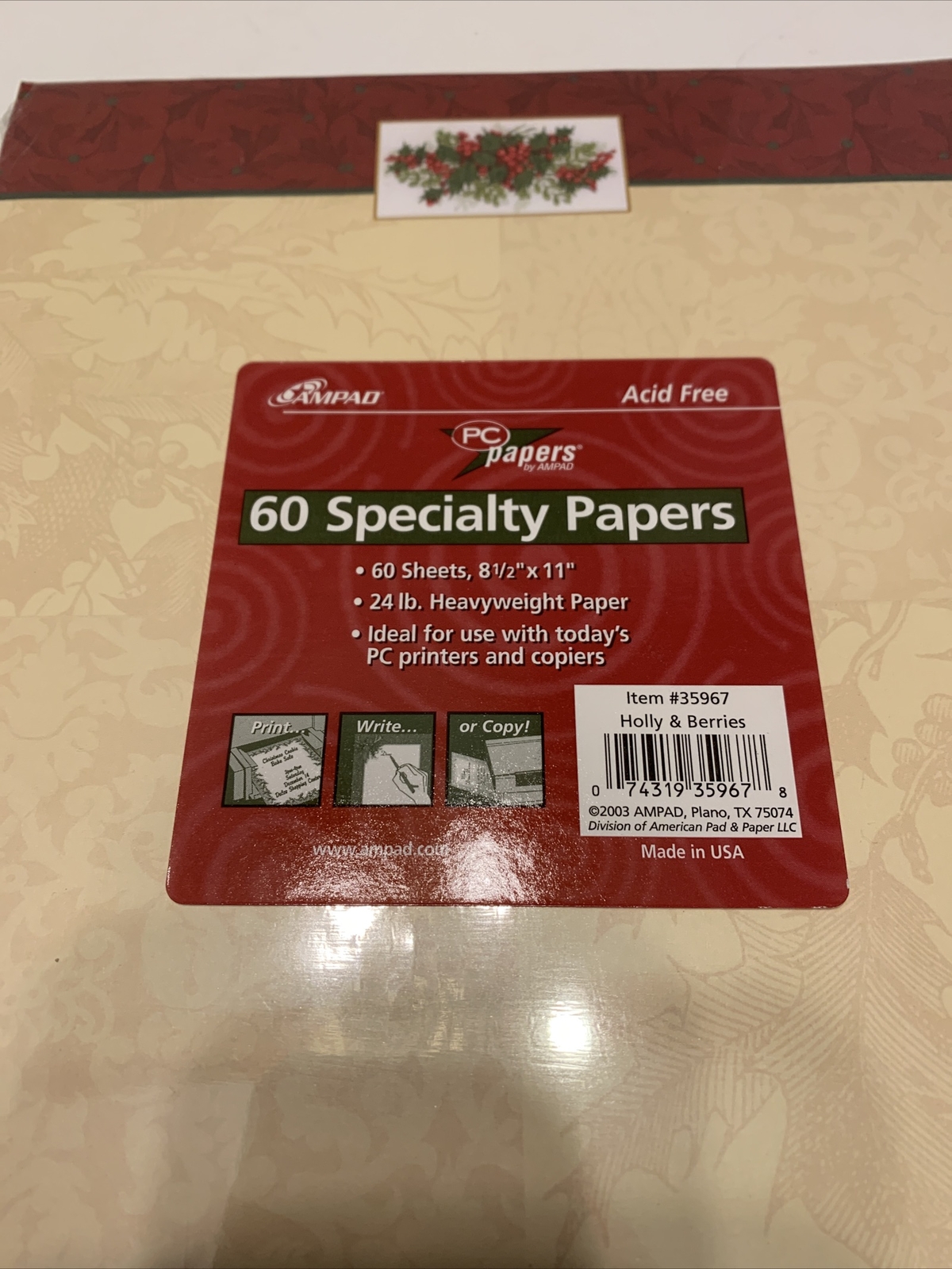 Ampad Pack Of 60 Specialty Papers Holly & Berries. NEW – Item #35967