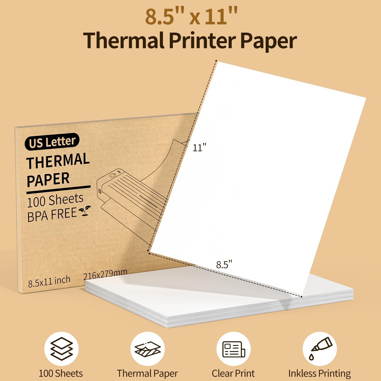 Thermal Printer Paper 8.5 X 11, 100 Sheets 8.5x11in, 100 Sheets, white