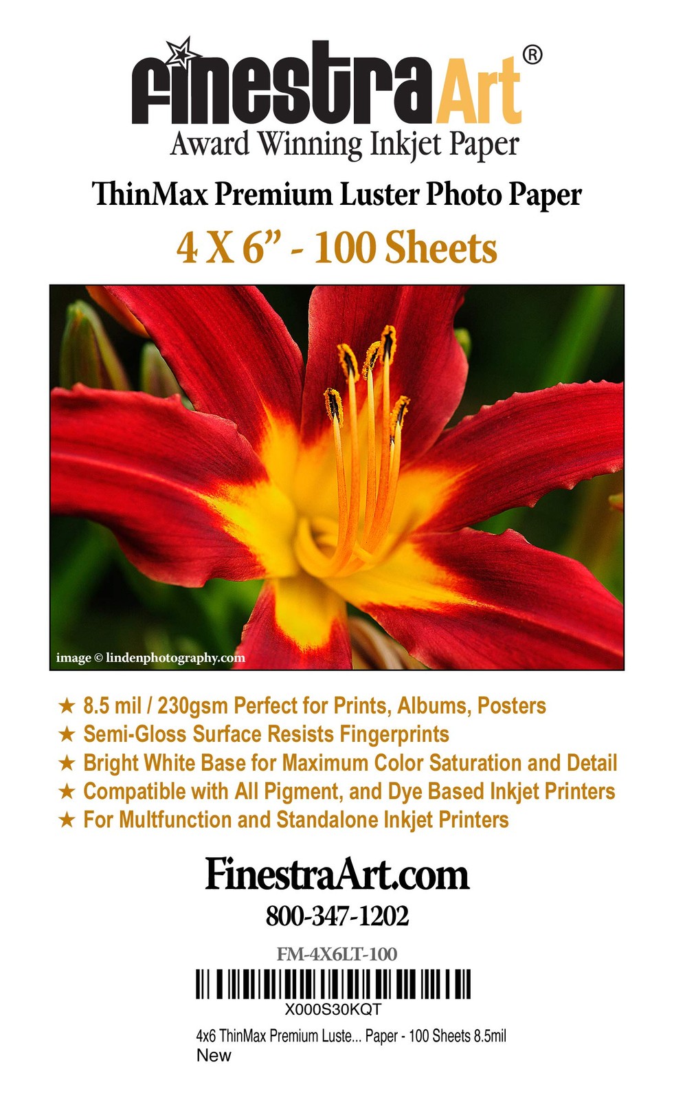 4″ X 6″ ThinMax Premium Luster Inkjet Photo Paper – 100 Sheets