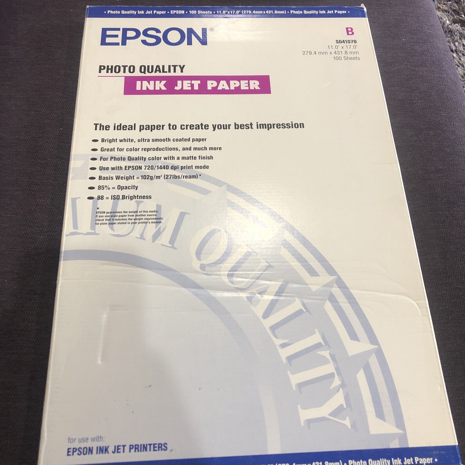 Epson Photo Quality Ink Jet Paper 11.0” X 17.0” 100 Sheets Brand New