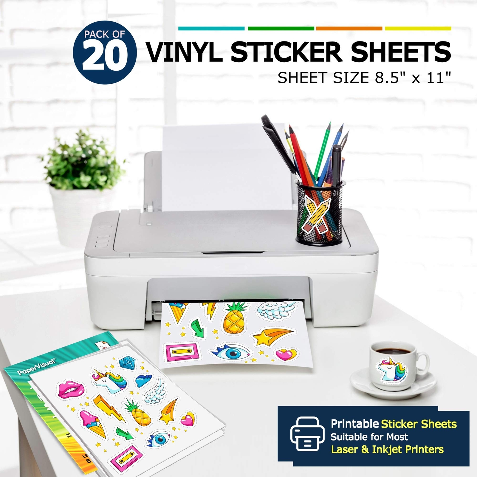 Printable Permanent Vinyl Paper – 20 Sticker Sheets For Printer – Matte White…