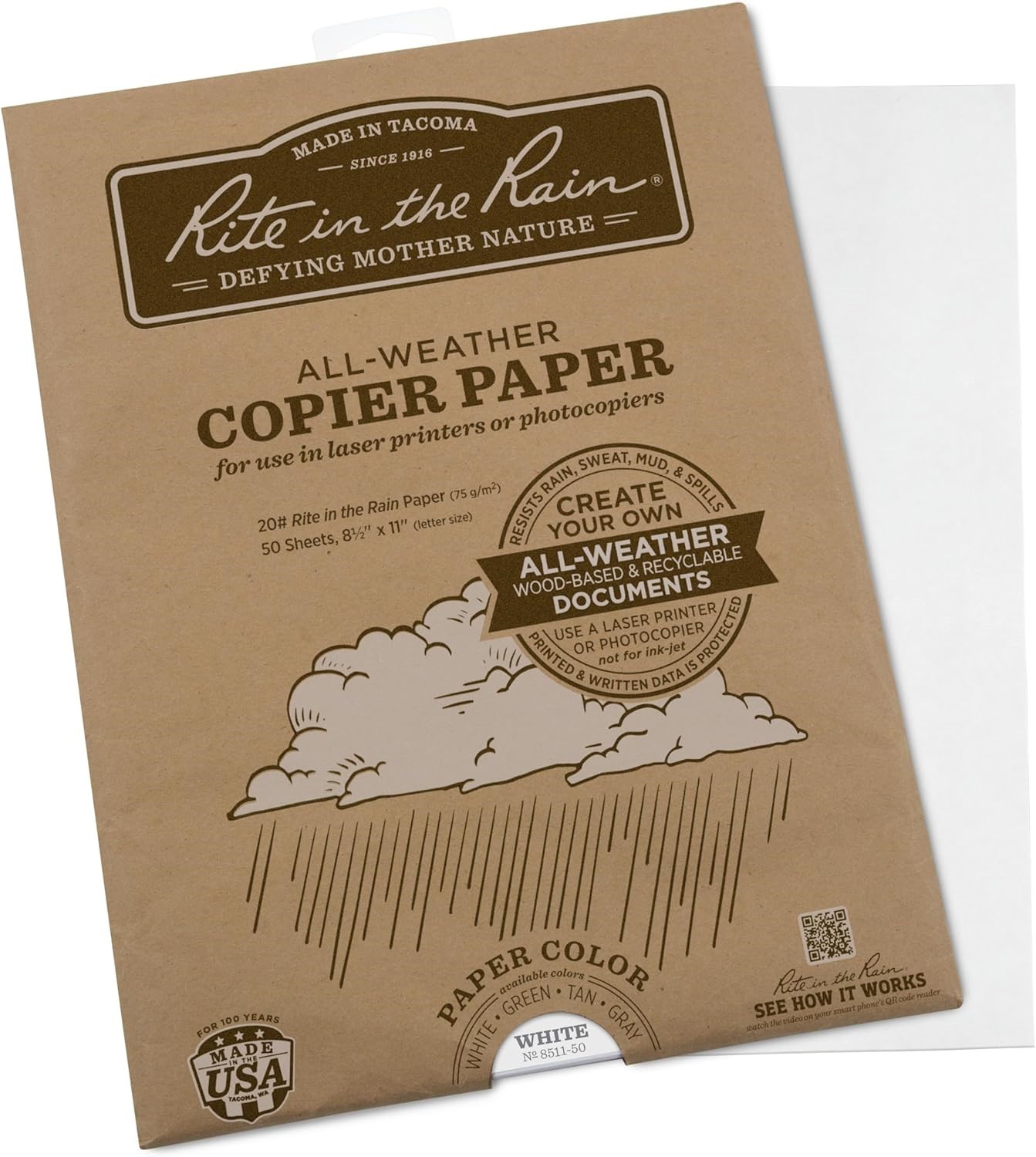 Rite In The Rain Weatherproof Laser Printer Copier Paper, 8.5″ x 11″, 50 Sheets