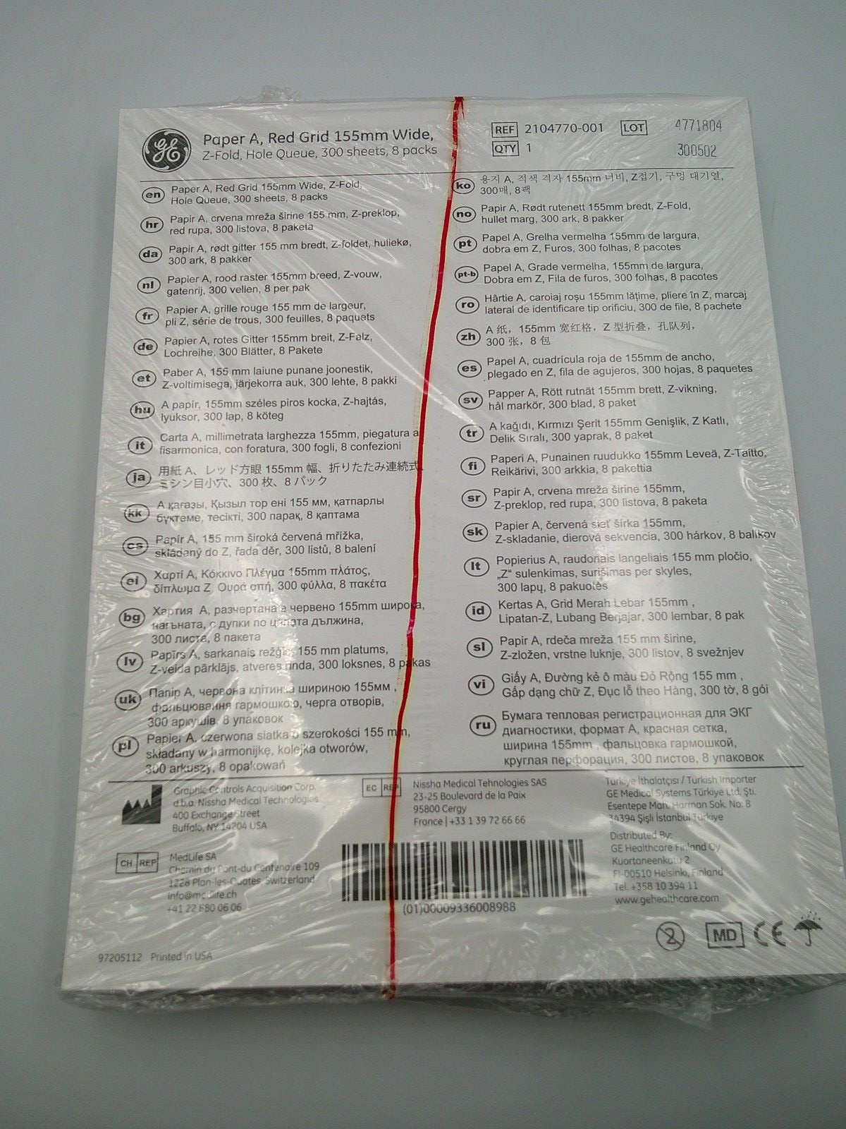 GE Healthcare 2104770001 Z-Fold Paper A, Red Grid 155mm Wide 300 Sheets DK