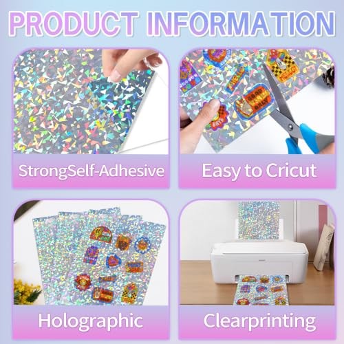 25 Sheets Holographic Sticker Paper, Diamond 8.5″ x 11″ Holographic- Glass