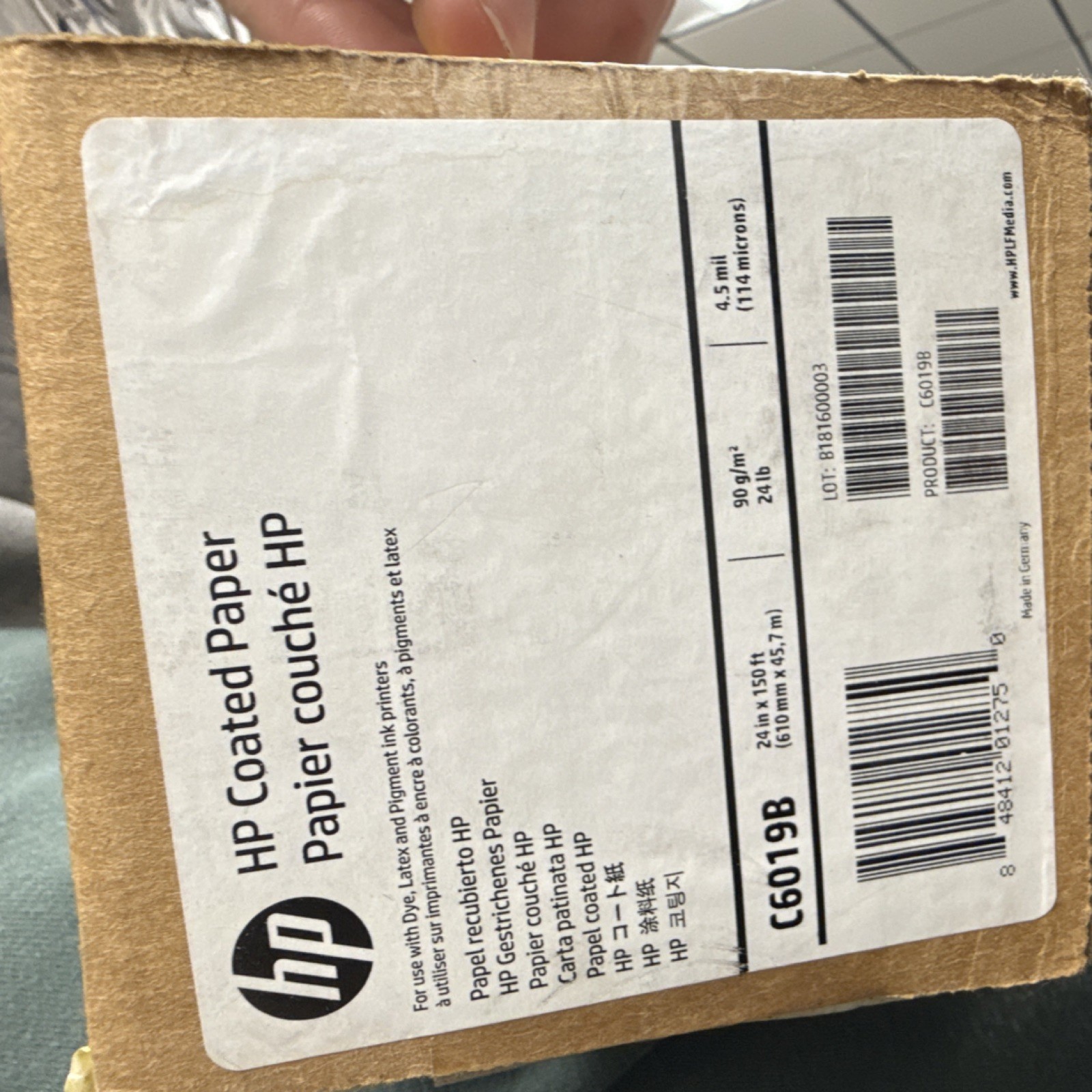 HP Coated Printer Paper 24in x 150ft 90g/m² C6019B Inkjet Latex Pigment