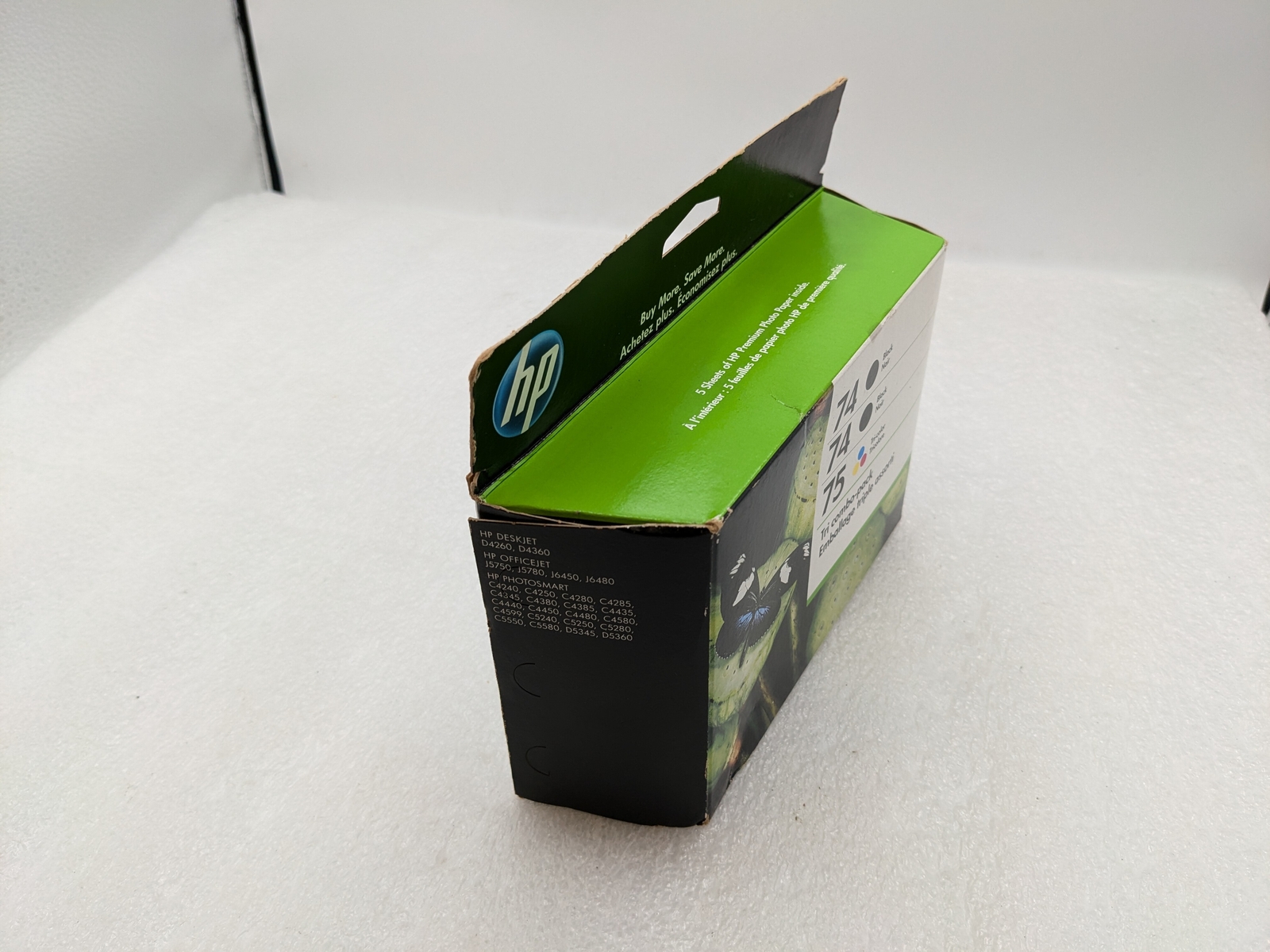 New HP 2 Pack 74 Black, 1 HP 75 Tri-Color & 5 Sheets Photo Paper CD976FN #140