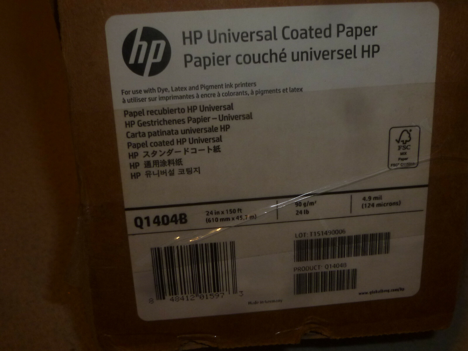 NEW HEWLETT PACKARD UNIVERSAL COATED PAPER 24IN X 150FT GENUINE Q1404B 4.9 MIL