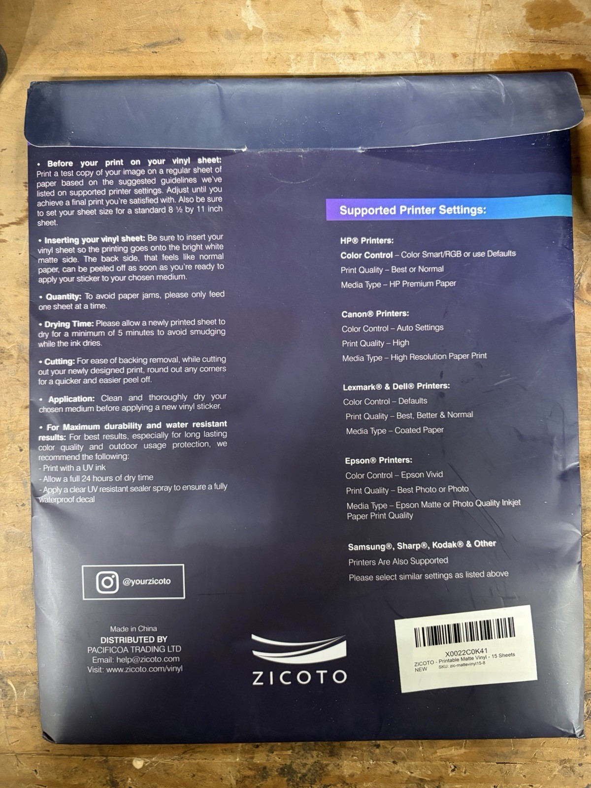 ZICOTO Vinyl Matte Paper Letter Size 15 Sheets White Inkjet Laser Compatible