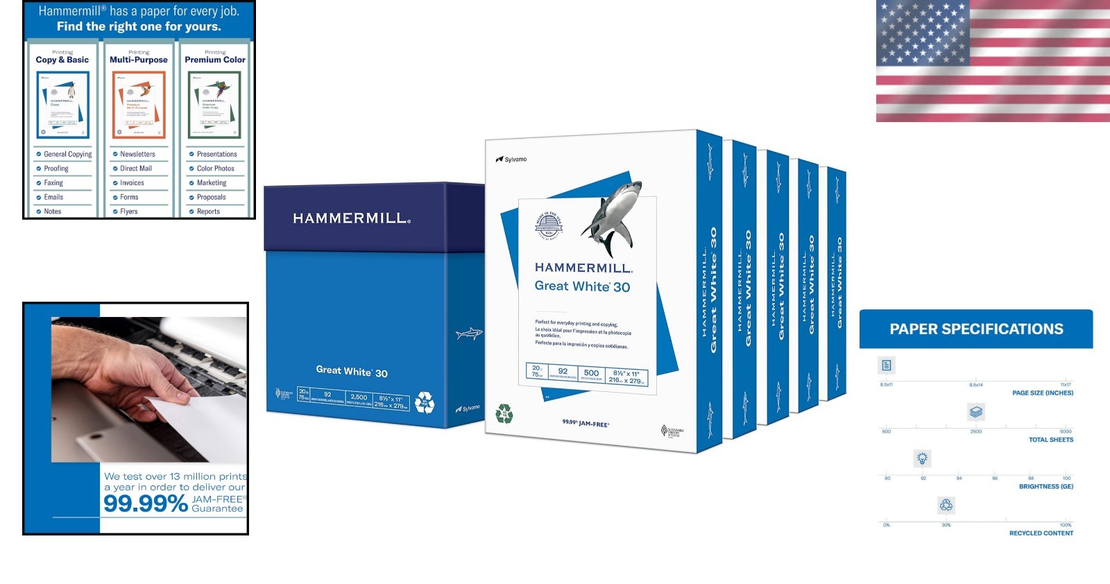 500 Sheets x 5 Reams of Great White 30% Recycled Paper – Jam-Free, Glossy Finish