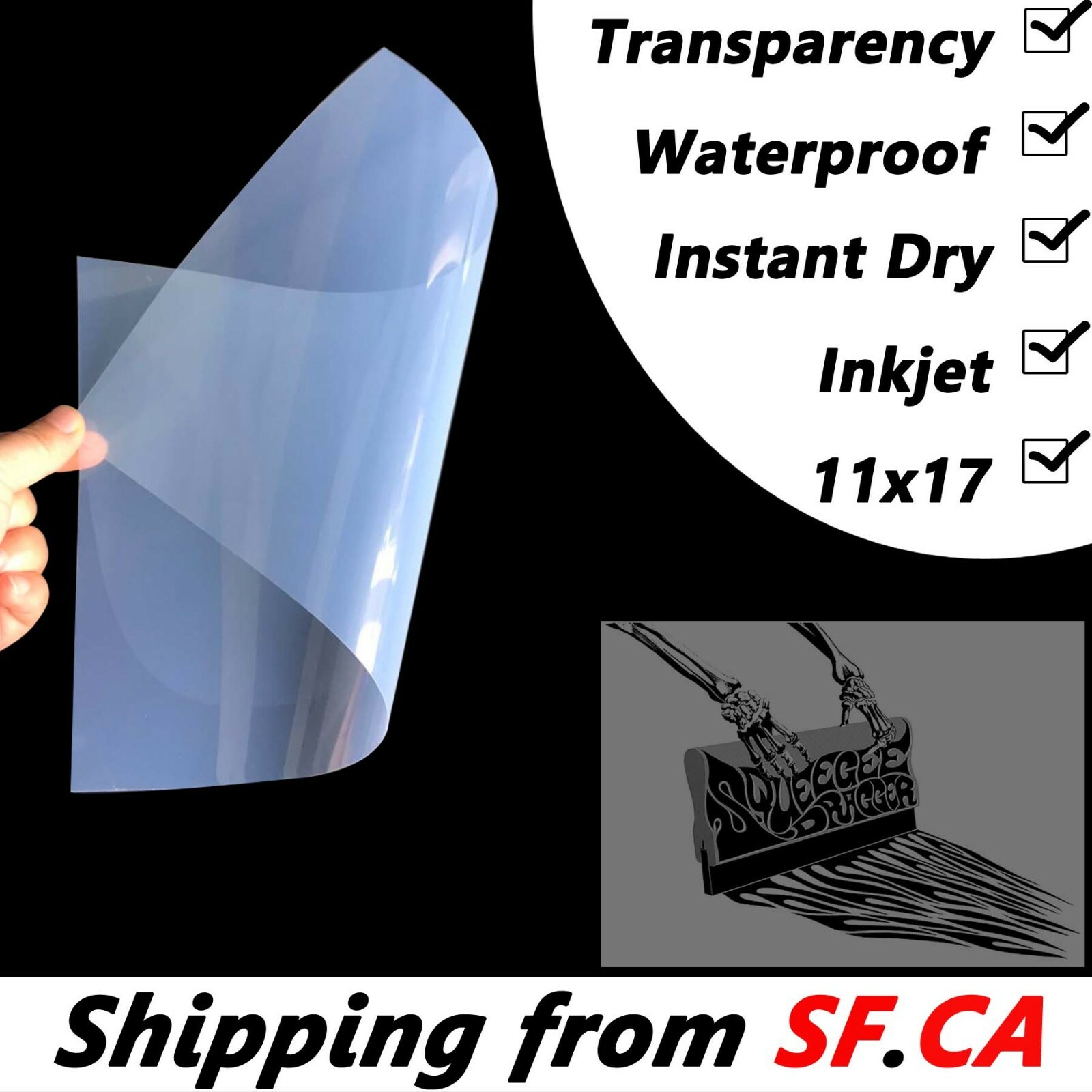 11×17，100 sheets，Waterproof Inkjet Instant-Dry Transparency Film Screen Printing