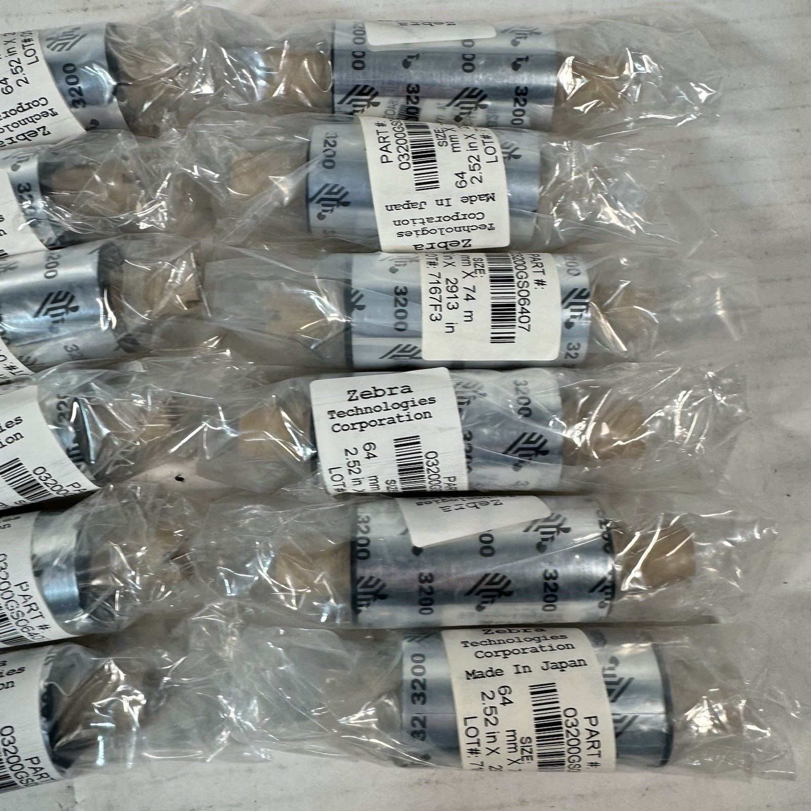 Zebra 2.52 x 2913″ 3200 Wax Resin Ribbons 03200GS06407 Genuine OEM – 18 Rolls