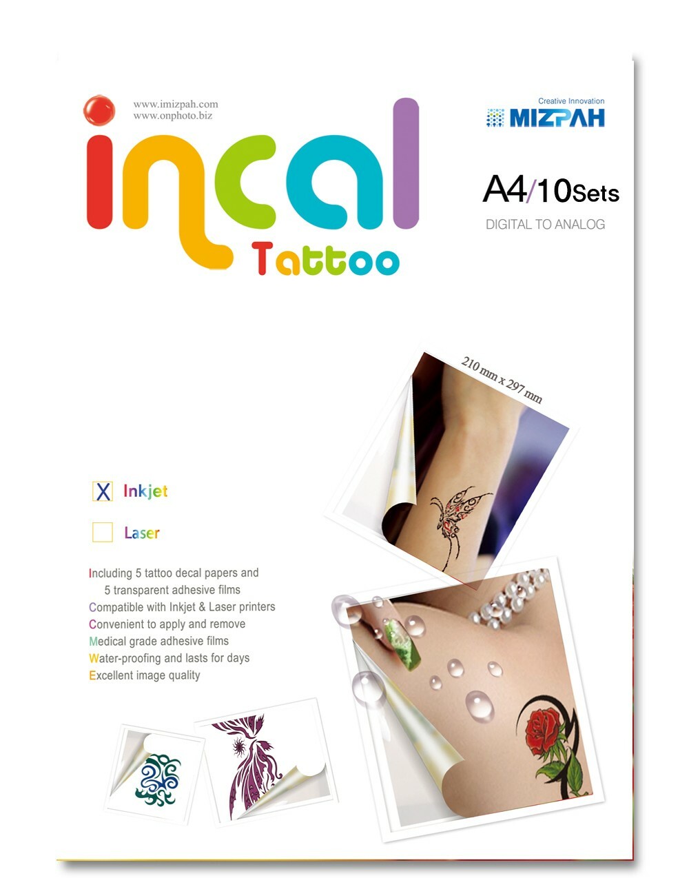 [Incal Tattoo] Temporary Tattoos Decal Paper for Inkjet Printer – 10sets(A4)