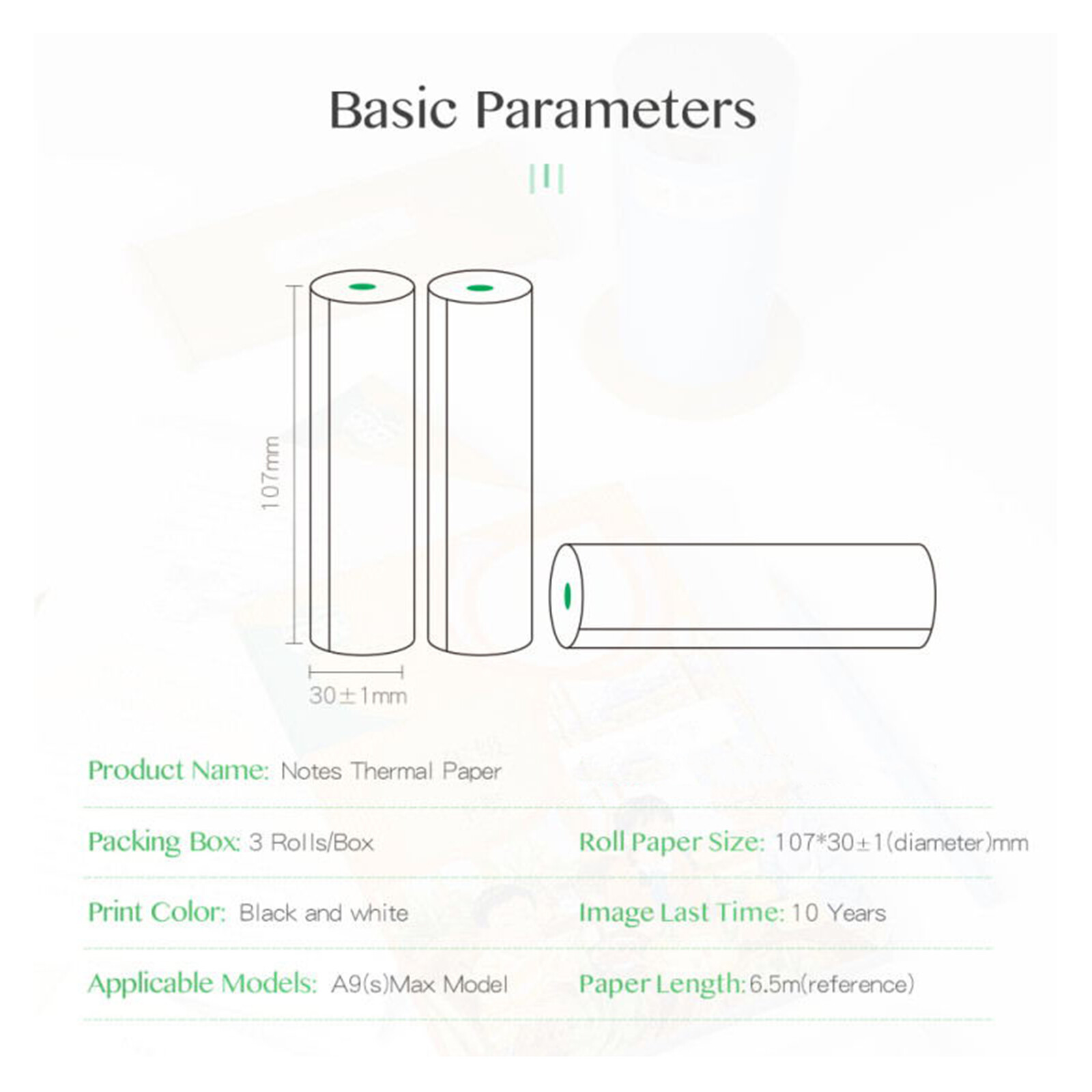 107 x 30mm Notes Thermal Paper Roll BPA-Free Non-adhesive Receipt R5P0