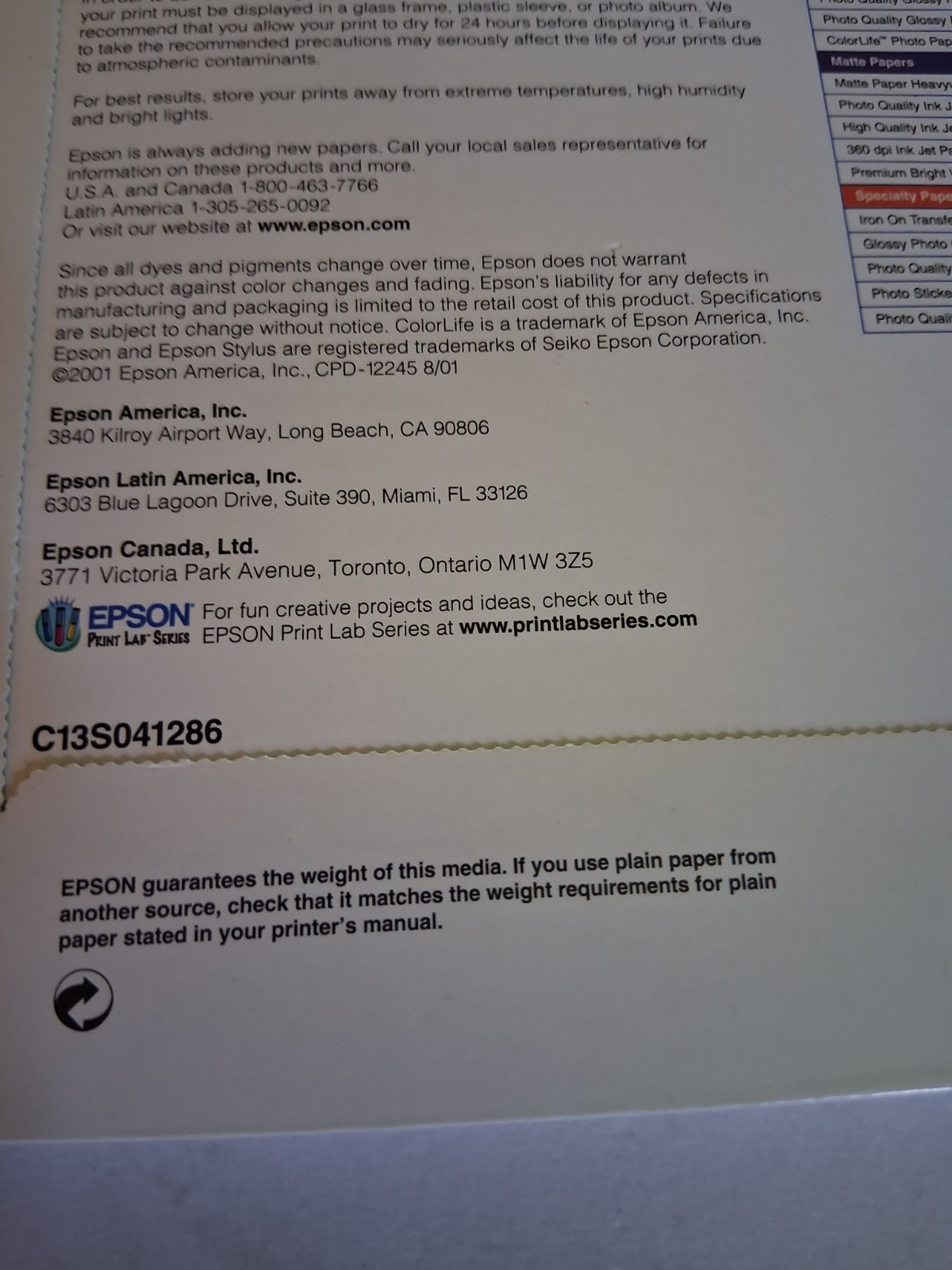 Epson Premium Glossy Photo Paper Unopened 8.5″x11″ 20 Sheets S041286 2001