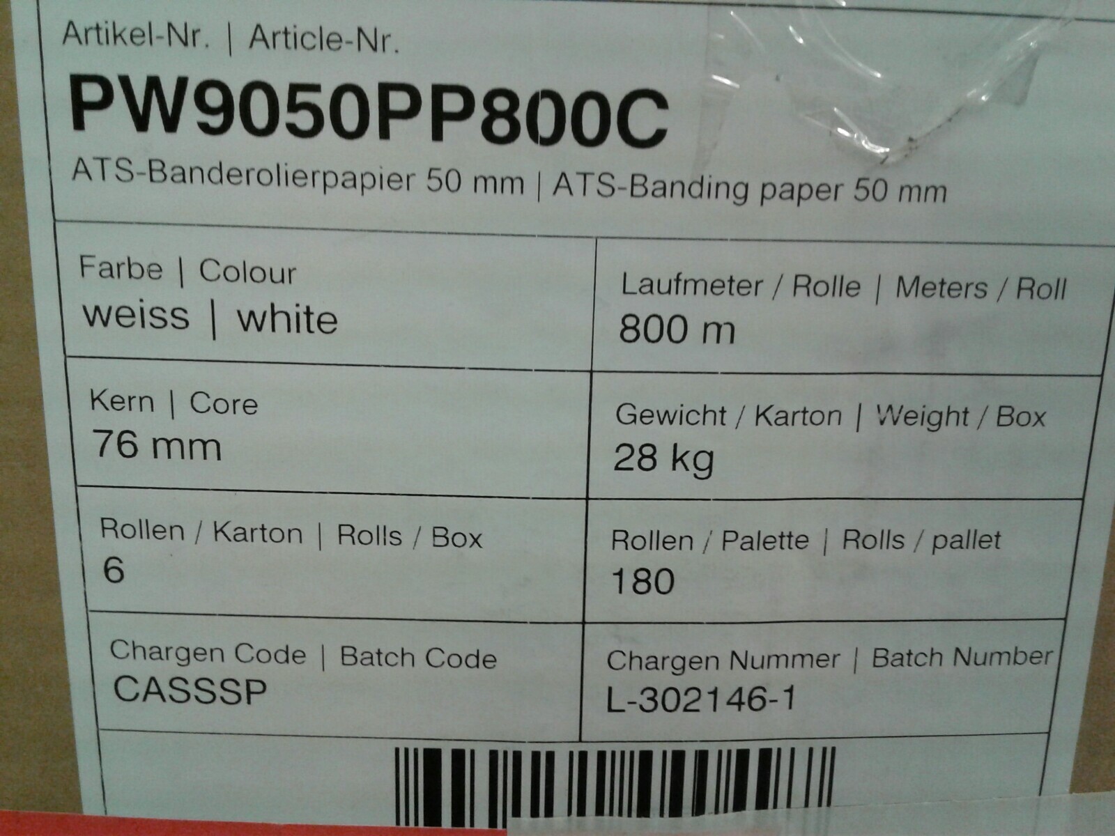 ATS Banding Paper 50 mm (PW9050PP800C) White, 90 g / m2, 800 Running Meters