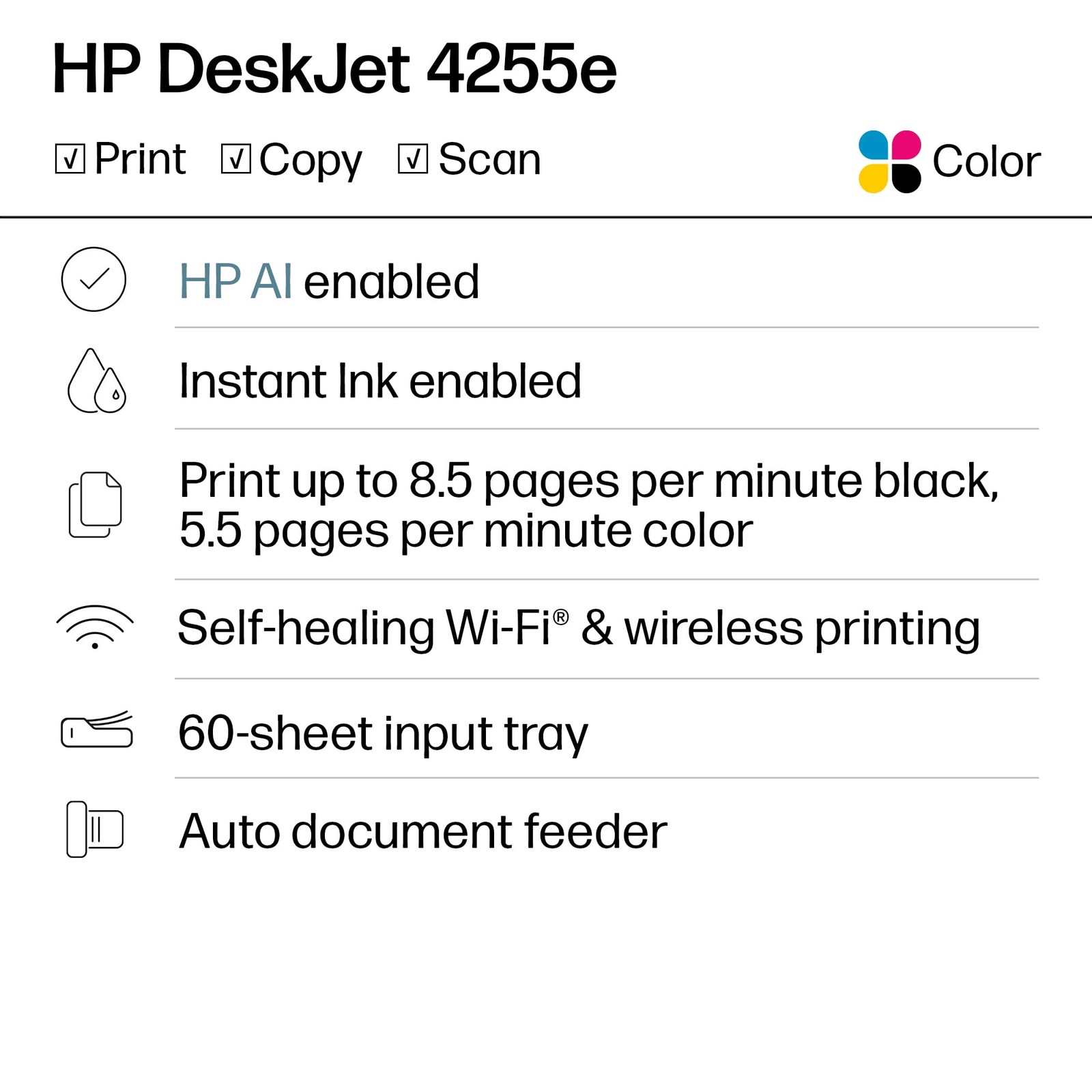 DeskJet 4255e Wireless All-in-One Color Inkjet Printer, one size, White