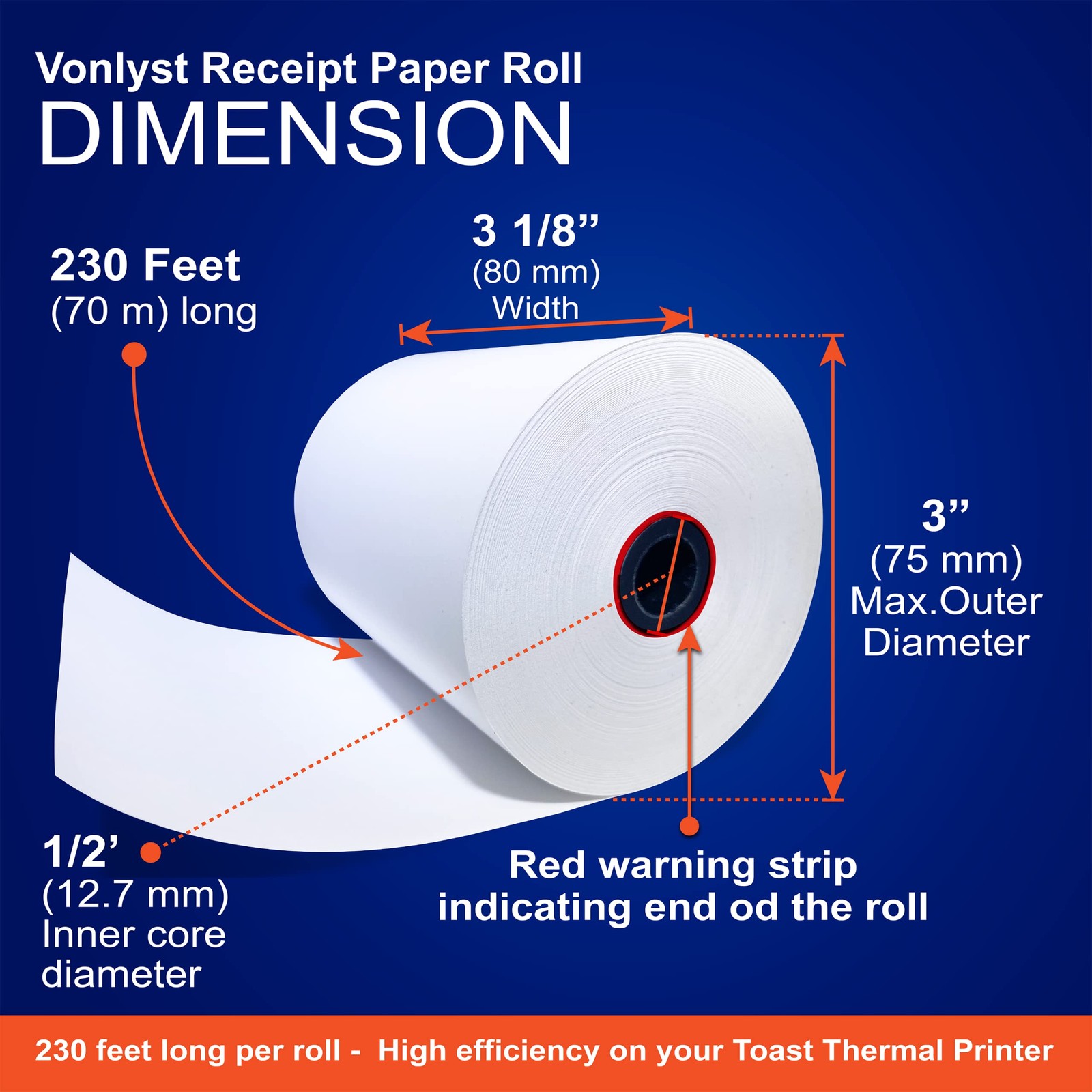 Vonlyst Thermal Paper Roll 3 1/8 inch x 230 feet, White Black Image