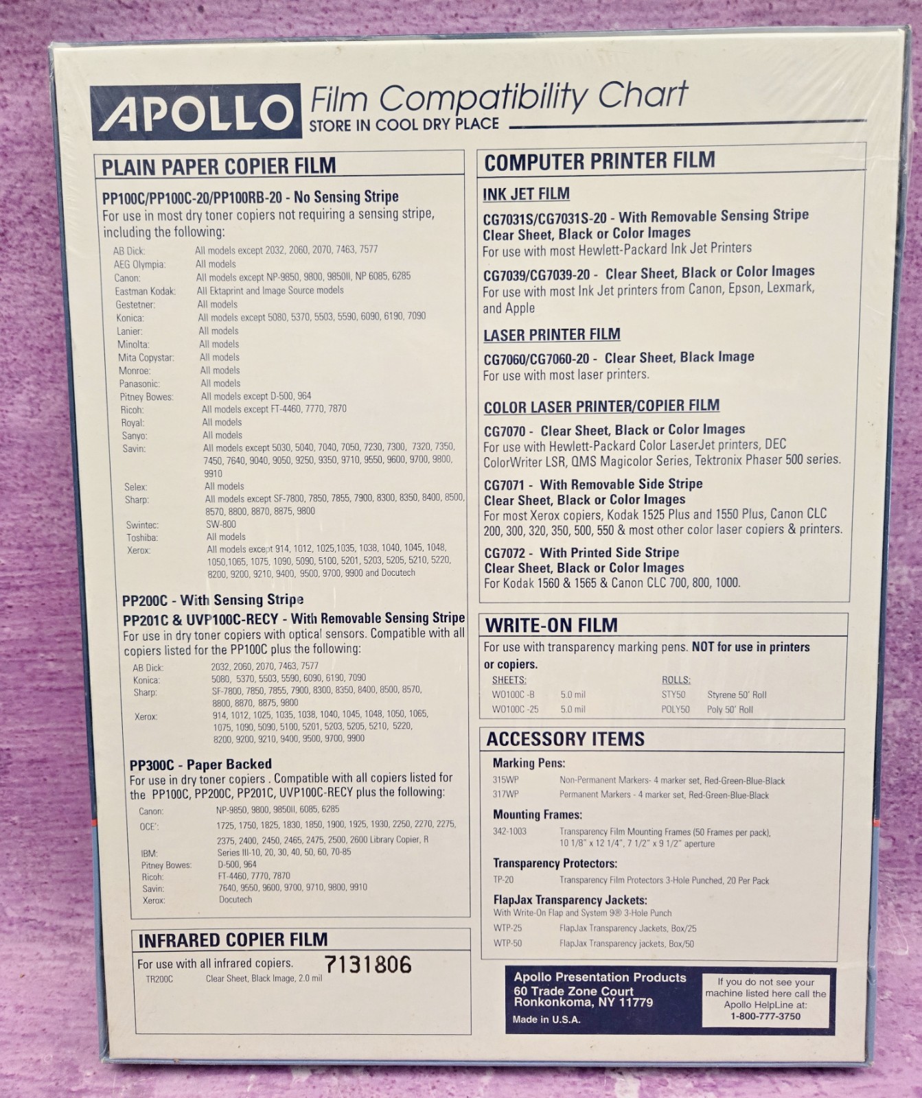 Apollo Ink Jet Transparency Film CG7031S for HP Printers 100 Sheets 8.5×11 Clear