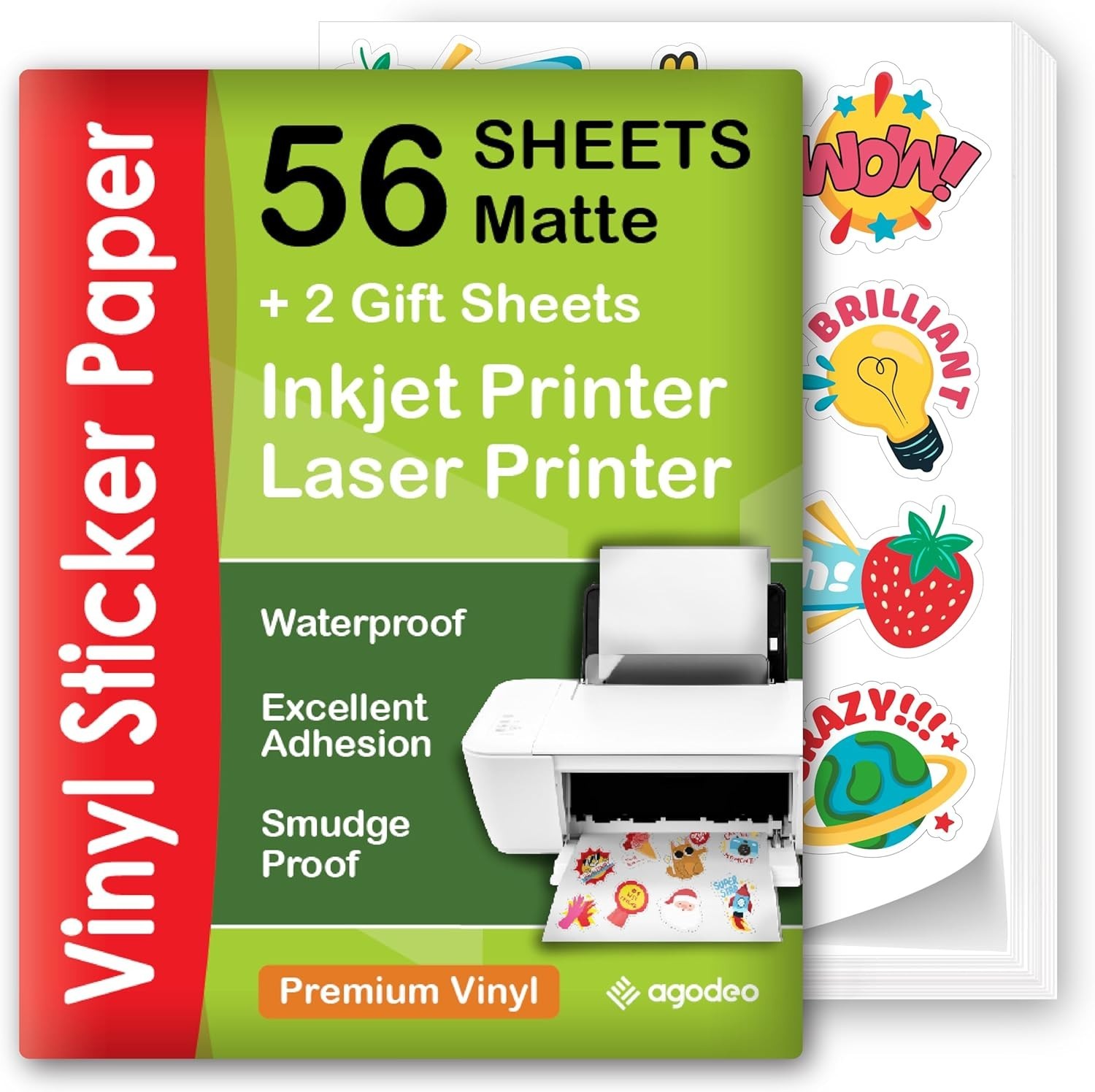 Printable Vinyl Sticker Paper for Inkjet & Laser Printer – 56 Sheets Self-Adh…