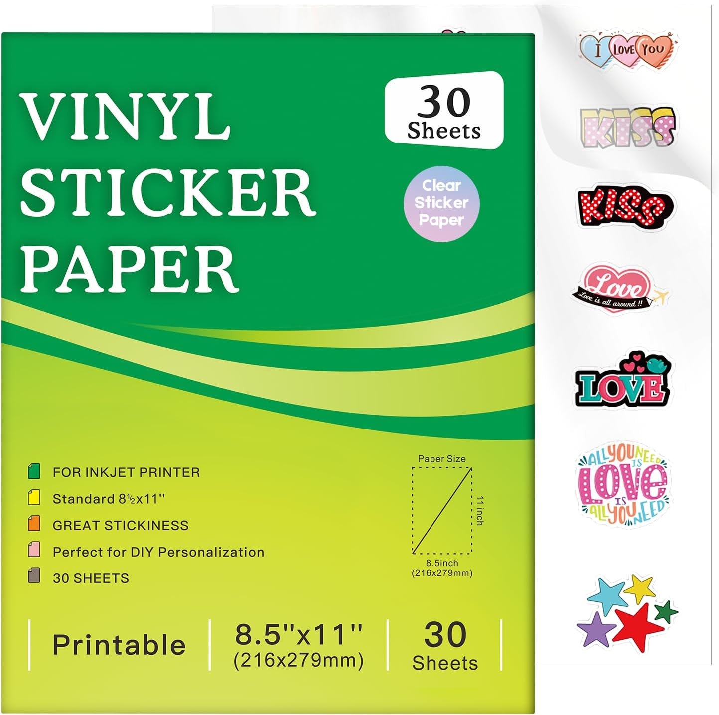 30 Sheets Printable Clear Sticker Paper for Inkjet Printer, Premium Vinyl