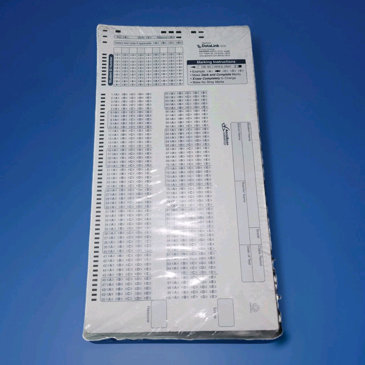 Sealed Apperson DATALINK 1200 – Pack of 500 – Data Answer Sheet Forms (28510)