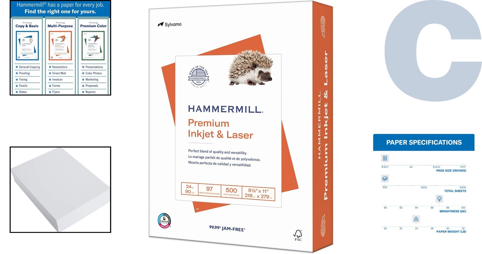Versatile 24 lb Printer Paper, Inkjet/Laser, 500 Sheets, Bright White
