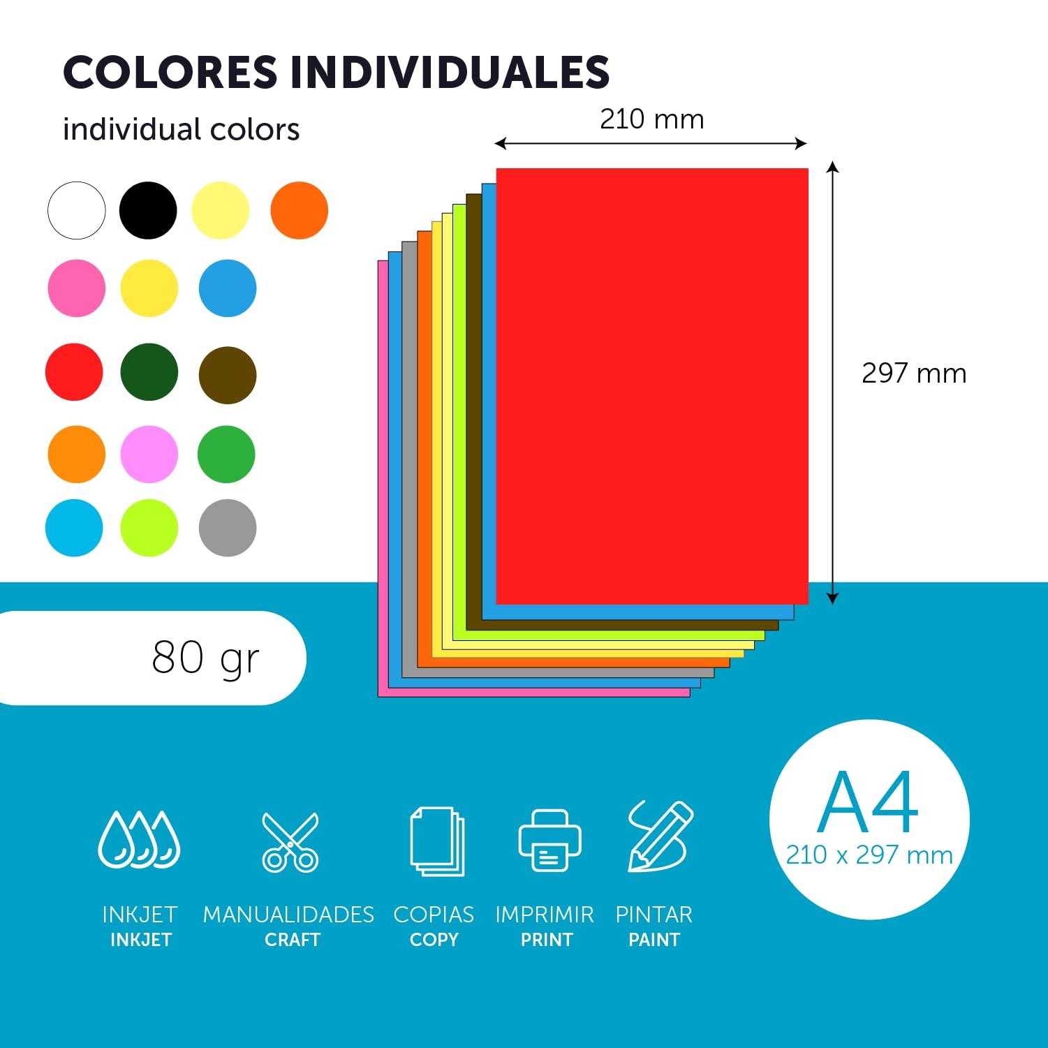 Colourful Paper A3 80g for Printers & Crafts, Coloured Sheets for Kids, Creat…