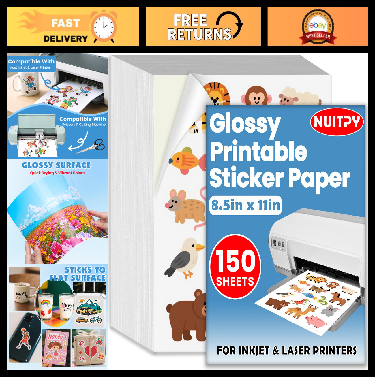150 Sheets Glossy Sticker Paper 8.5″x11″ for Inkjet & Laser Printers, Quick-Dry