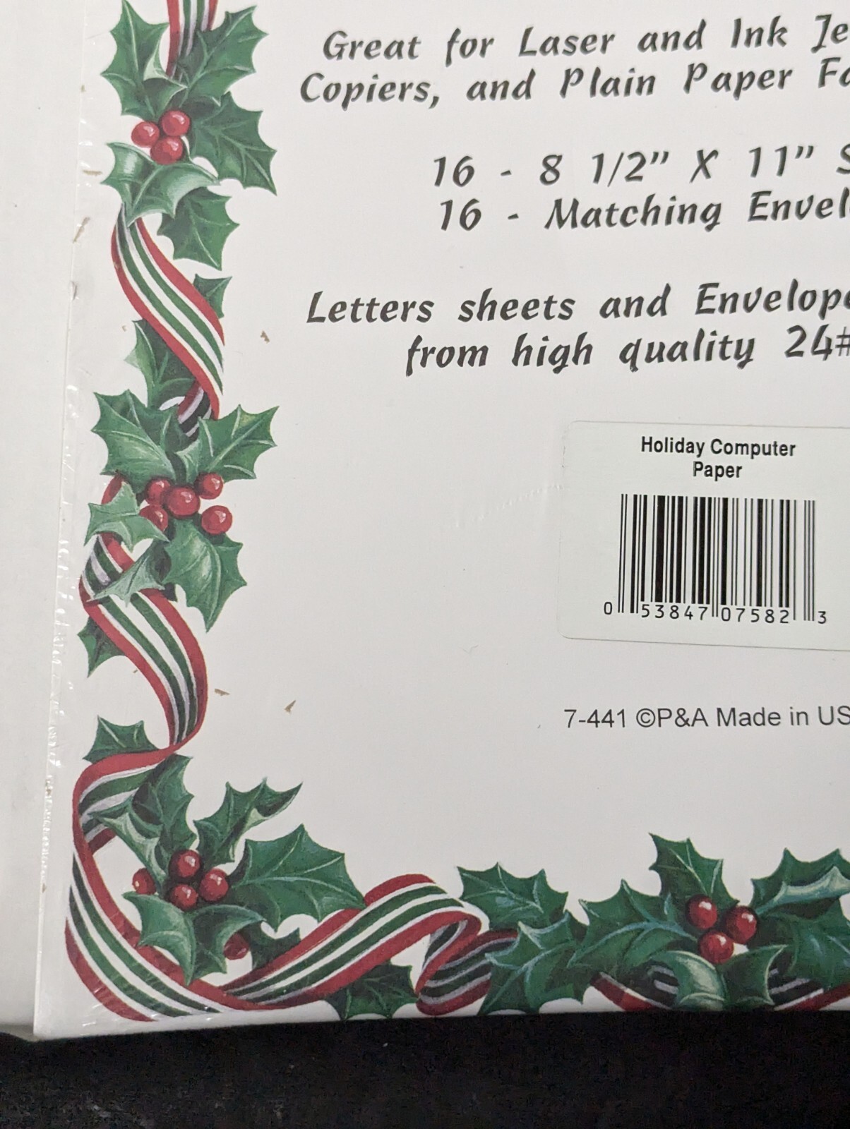 One Pkg Holiday Holly&Ivy, Ribbon Border Christmas Computer Paper & Env–16 Ct.