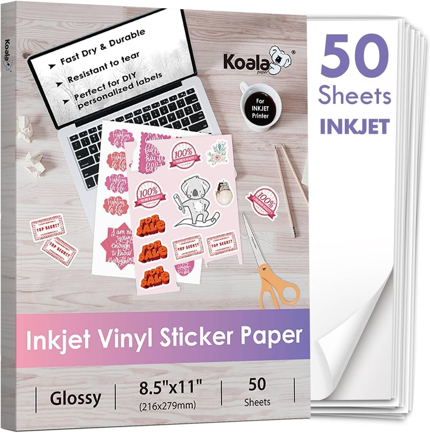 Koala Inkjet Printable Vinyl Sticker Paper for Inkjet Printer – 50 Sheets Whi…