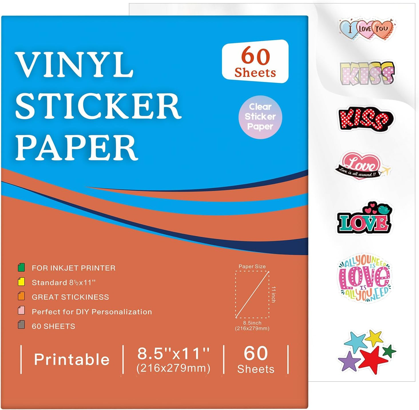 60 Sheets Premium Printable Clear Vinyl Sticker Paper for Inkjet Printer, 8.5X11
