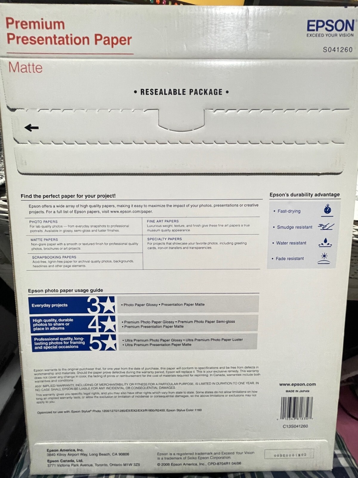 Epson S041260 Premium Matte 11.75″ x 16.5″ Pres. Paper – Bright WT (50/PK) New6B