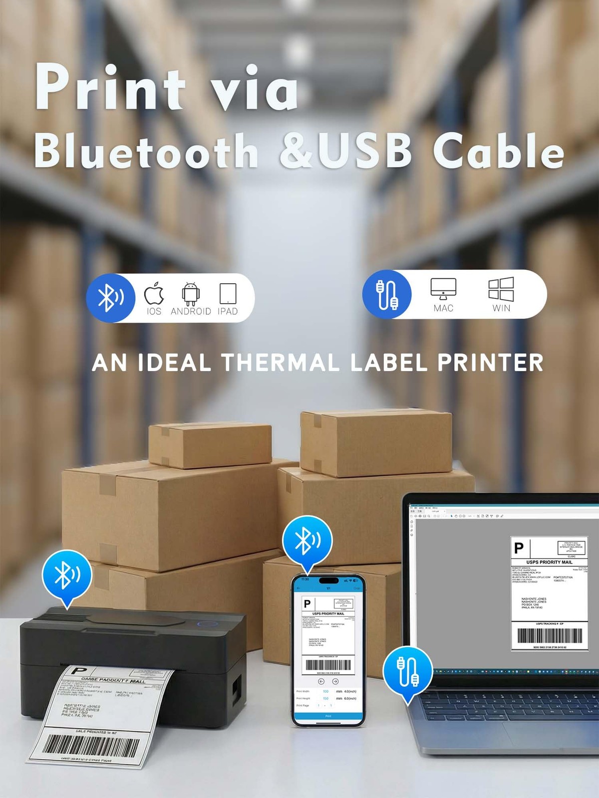 Forc Bluetooth Thermal Shipping Label Printer, 7.09*3.07*2.95 inches, Black