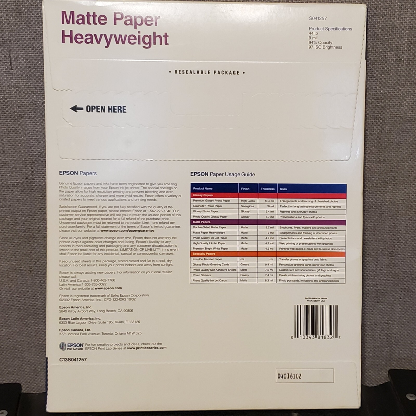 Epson S041257 Heavyweight Matte Photo or Craft Paper 50 Pages 44 lb 8.5″ x 11″