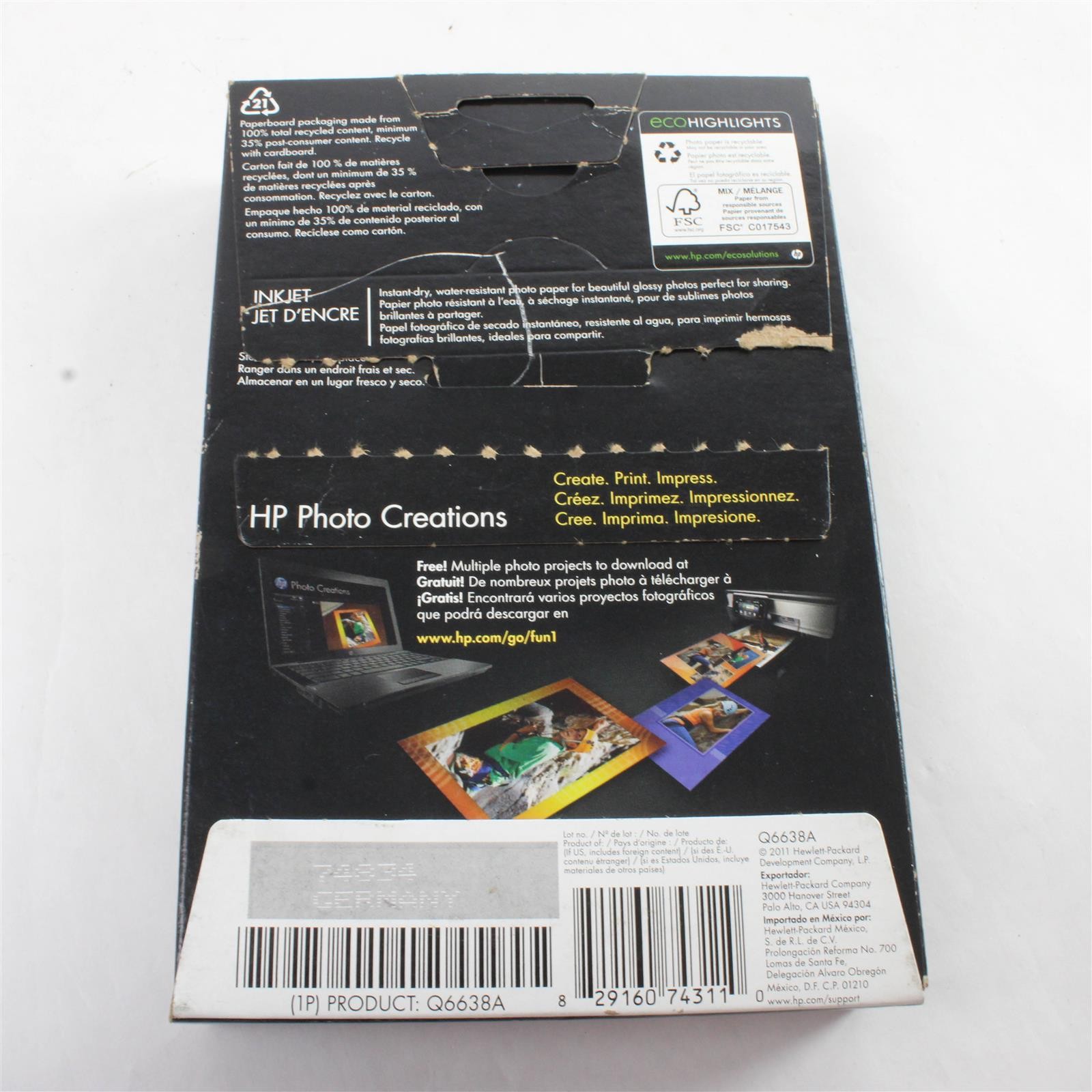 Hp Advanced Photo Paper Glossy Hewlett Packard (Q6638A) 4 x 6, Used 65ct