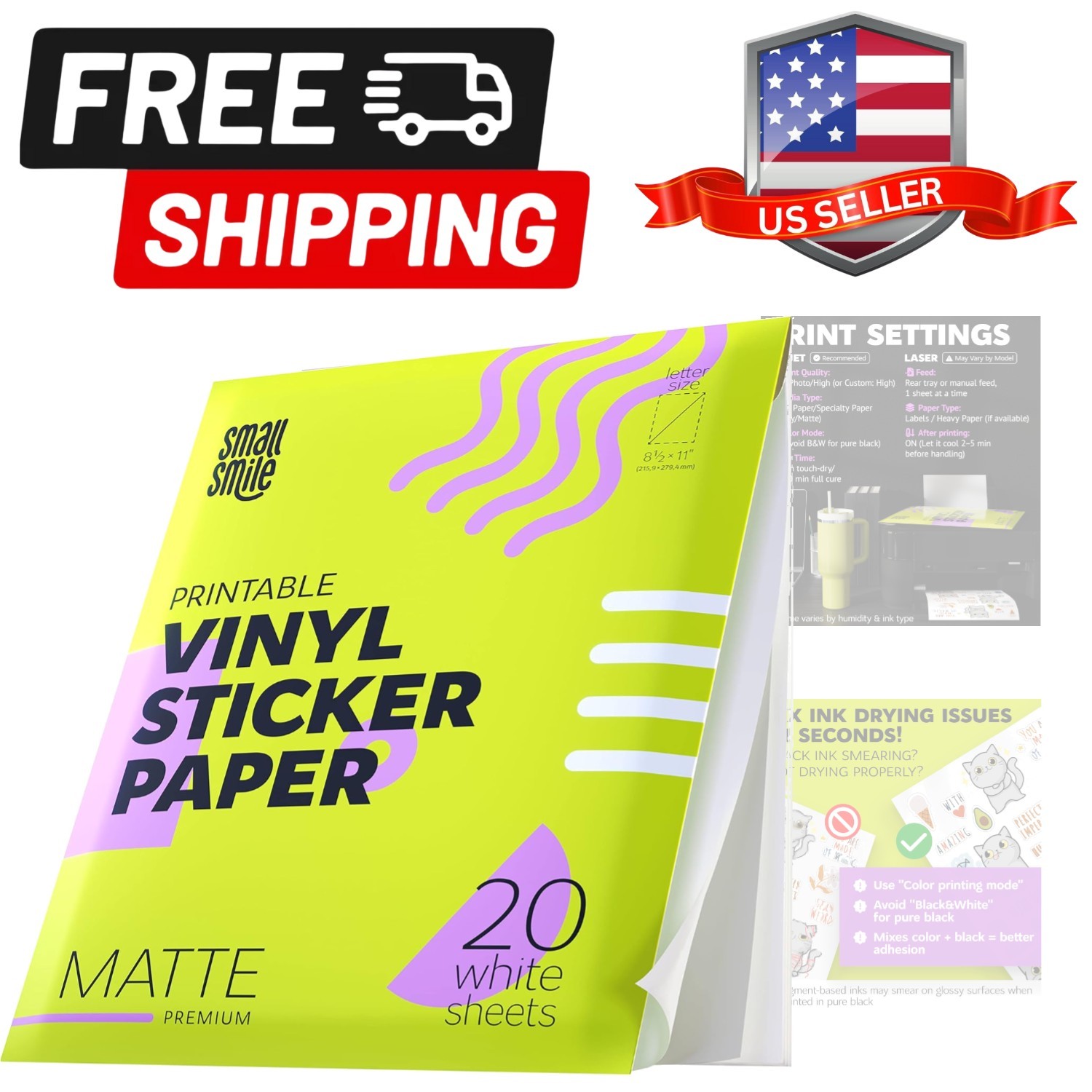 Printable Vinyl Sticker Paper for Inkjet Printer and Laser – 20 White Matte S…
