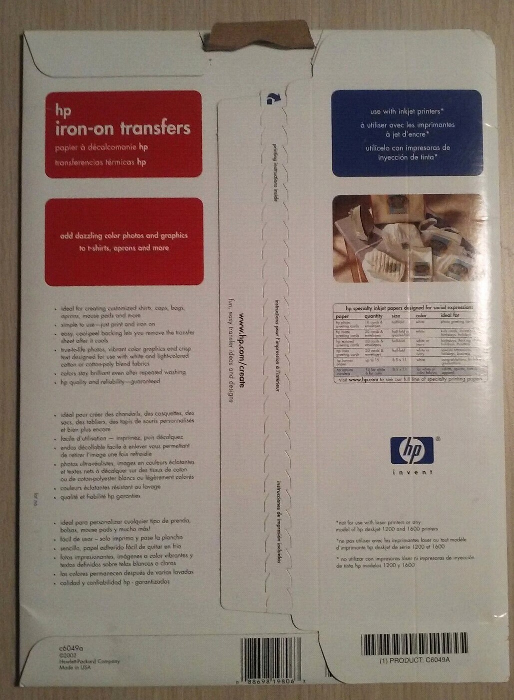HP Iron-On Transfers 8-1/2 x 11 White 12/Pack C6049A New Sealed