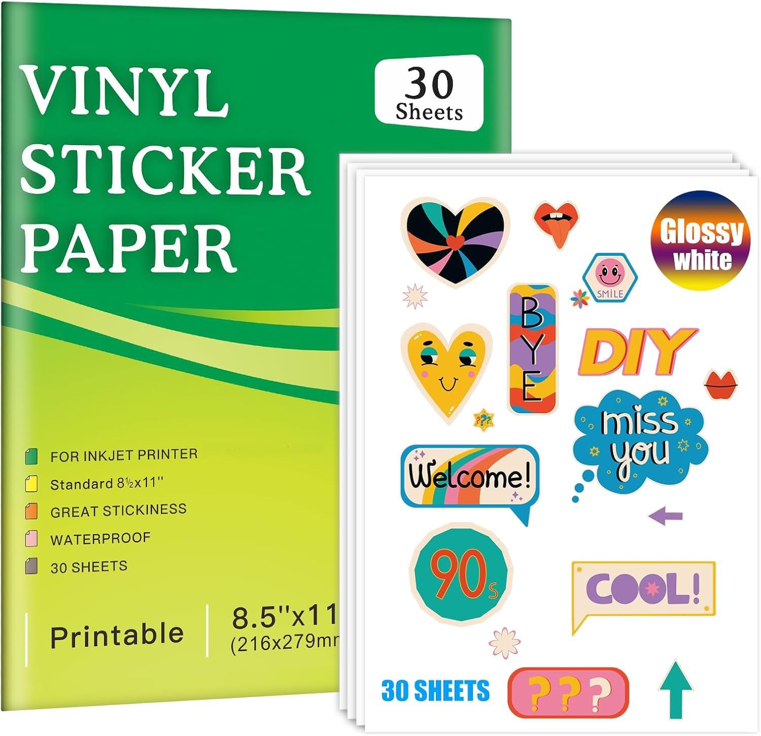 Premium Printable Vinyl Inkjet Stickers -30 Sheets Glossy White 8.5×11 Inch S…
