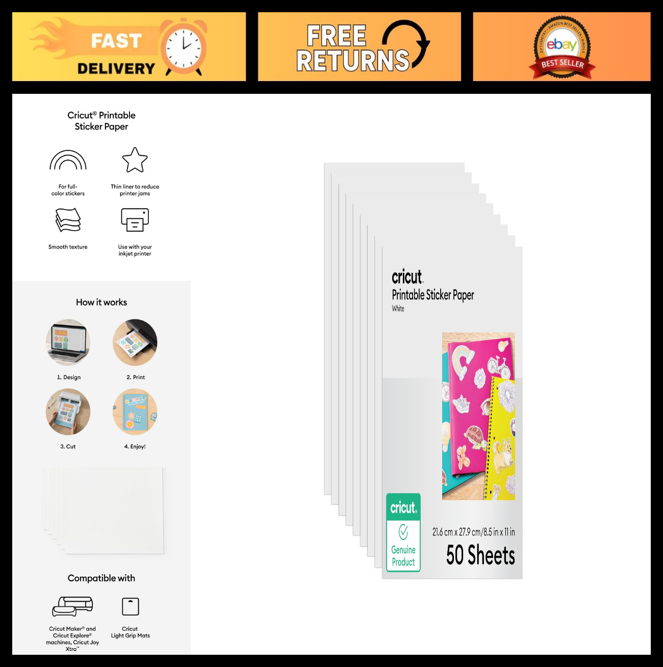 Printable Sticker Paper – 50 White Sheets 8.5×11 for Inkjet Printers – Crafting