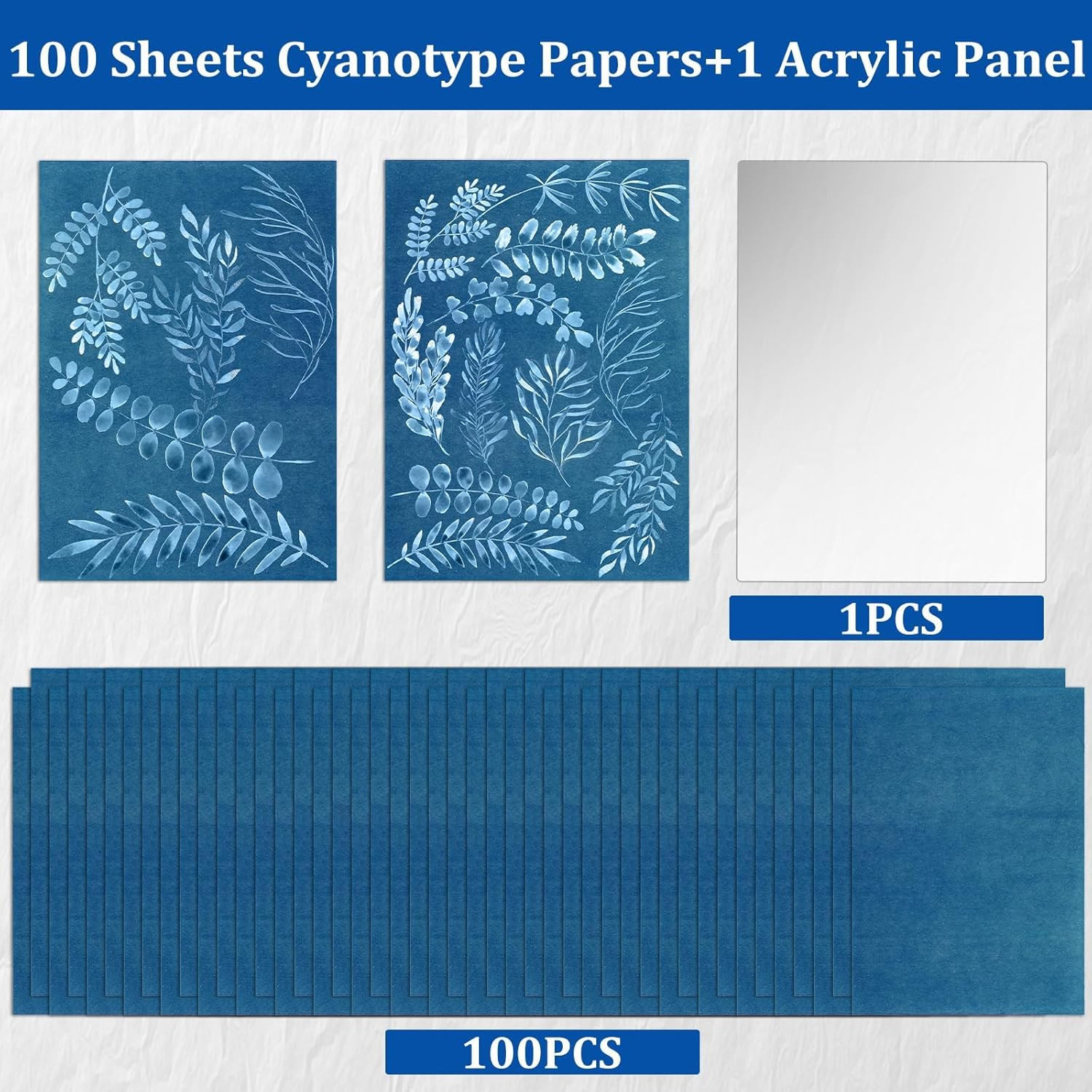 100 Pcs Cyanotype Paper, High Sensitivity Sun Art Paper Kit with 2 Clear Sleeves
