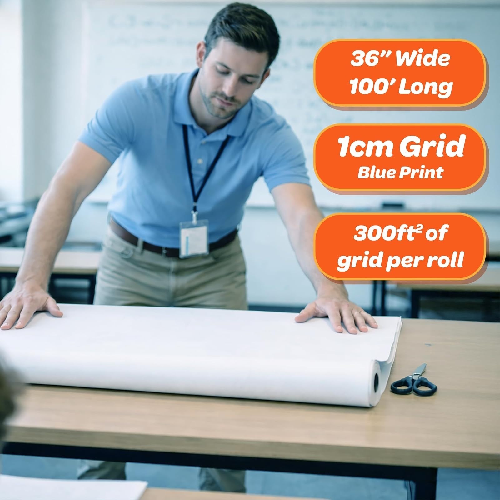 Geyer Instructional 1cm Graph Paper Roll – 36″ x 100′ Blue Grid