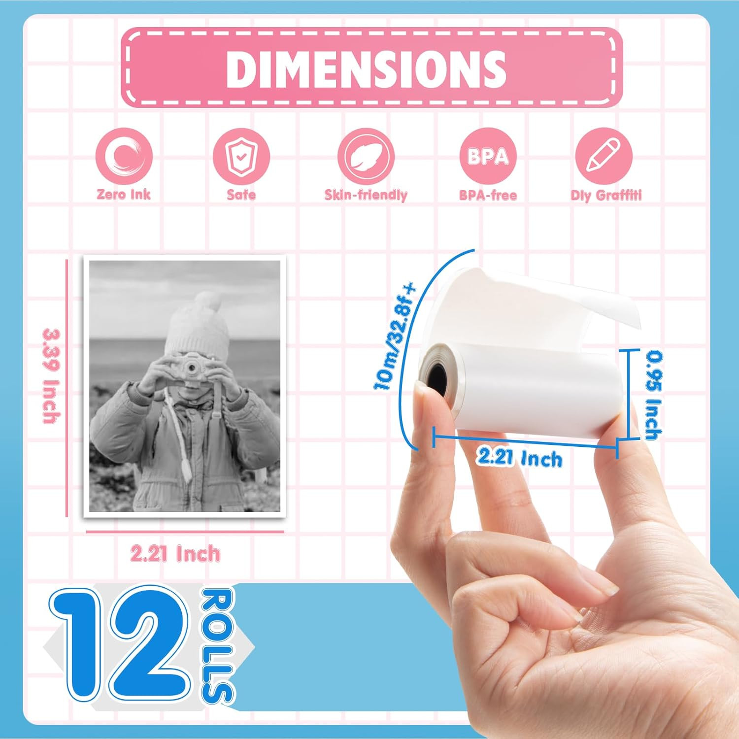 12 Rolls Thermal Paper Refill for Kids Instant Cameras, HD BPA-Free Print Paper,