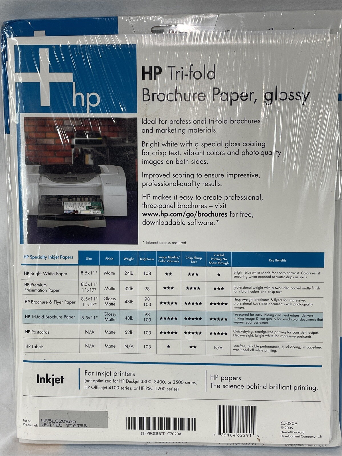 HP C7020A Inkjet Tri-Fold Brochure Paper Gloss 100 Sheets 8.5”x11” New